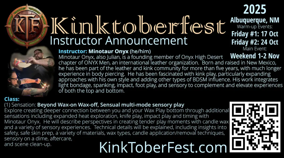 Kinktoberfest 2025 Instructor Announcement.  Instructor: Minotaur Onyx