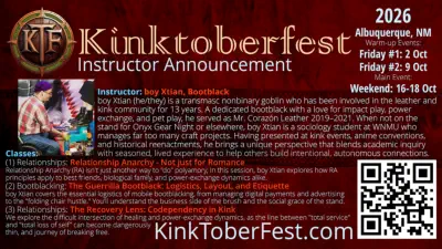 Kintoberfest 2026 Instructor Announcement - boy Xtian, Bootblack
